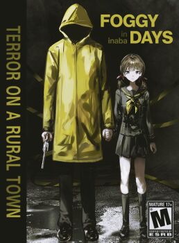 1boy 1girl adachi_tooru aged_up arm_at_side black_pants black_serafuku black_shirt black_shoes black_skirt black_socks blunt_bangs brown_eyes brown_hair caution_tape commentary_request content_rating cover dark doujima_nanako english_text esrb faceless full_body gun hair_ribbon handgun height_difference highres holding holding_gun holding_hands holding_weapon k1kiwa kneehighs long_sleeves looking_at_viewer medium_hair neckerchief night outdoors pants persona persona_4 puddle raincoat red_ribbon revolver ribbon school_uniform serafuku shirt shoes skirt socks standing straight-on twintails video_game_cover weapon yasogami_school_uniform yellow_neckerchief yellow_raincoat