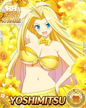 1girl :d antenna_hair arm_up bikini bikini_skirt blonde_hair blue_eyes border breasts card_(medium) character_name cleavage floral_background game_cg gold_bikini gold_choker gold_flower hair_intakes hand_on_own_hip holding holding_pom_poms large_breasts light_blush long_hair official_art open_mouth parted_bangs pom_pom_(cheerleading) pom_poms senran_kagura senran_kagura_new_wave smile solo strapless strapless_bikini swimsuit yoshimitsu_(senran_kagura)