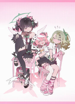 Rule 34 | 3girls, absurdres, angels of delusion, aria (zenless zone zero), arm warmers, backpack, bag, bare shoulders, black choker, black hair, black skirt, bow, breasts, choker, closed eyes, clothing cutout, commentary, fingerless gloves, gloves, green bow, green eyes, green hair, grin, hair between eyes, halo, highres, jewelry, k1m0w07, knee up, leg warmers, looking at another, multicolored hair, multiple girls, nangong yu, navel cutout, pink bag, pink bow, pink hair, pink shoes, red eyes, ring, shoes, short sleeves, single thighhigh, sitting, sitting on table, skirt, smile, striped arm warmers, striped leg warmers, sunna (zenless zone zero), sweatdrop, thighhighs, torn clothes, torn thighhighs, two-tone hair, unworn backpack, unworn bag, white thighhighs, white wings, winged bag, wings, zenless zone zero