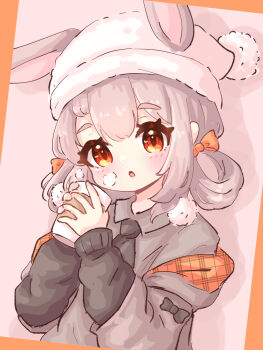 1girl :o animal_ears arknights beanie black_bow blush bow collared_shirt commentary_request cup disposable_cup ears_through_headwear grey_hair grey_jacket grey_shirt hair_between_eyes hair_rings hat head_tilt highres holding holding_cup hood hood_down hooded_jacket jacket layered_sleeves long_sleeves looking_at_viewer off_shoulder open_clothes open_jacket parted_lips puffy_long_sleeves puffy_sleeves rabbit_ears red_eyes shirt solo steam thick_eyebrows upper_body warmy_(arknights) warmy_(warm_velvet_at_the_corner)_(arknights) white_hat yopi_(user_wdgp8532)