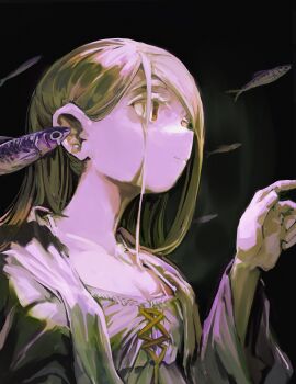 absurdres black_background blonde_hair camisole clock_owo collarbone commentary dim_lighting earrings fish from_side gakuen_idolmaster hair_behind_ear hand_up highres idolmaster jacket jewelry looking_to_the_side open_clothes open_jacket orange_eyes shinosawa_hiro stud_earrings untranslatable_commentary