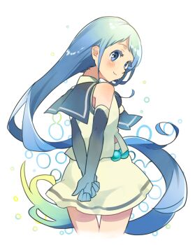 Rule 34 | 1girl, absurdres, arms behind back, blonde hair, blue eyes, blue gloves, blue hair, blue neckerchief, blue sailor collar, blush, commentary request, cropped legs, elbow gloves, from behind, gloves, gradient hair, highres, kantai collection, long hair, looking at viewer, multicolored hair, neckerchief, ohagi (iihatobu05), own hands together, sailor collar, samidare (kancolle), school uniform, serafuku, shirt, simple background, skirt, sleeveless, sleeveless shirt, smile, solo, very long hair, white skirt