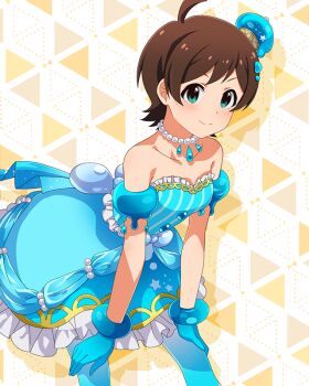 Rule 34 | 1girl, ahoge, bare shoulders, blue dress, blue gloves, blue hat, blue pantyhose, breasts, brown hair, card commentary, closed mouth, commentary request, dress, drop shadow, game cg, gloves, green eyes, hands on own knees, hat, idolmaster, idolmaster million live!, idolmaster million live! theater days, jewelry, kinoshita hinata, leaning forward, looking at viewer, mini hat, monster! slime (idolmaster), necklace, official alternate costume, official art, pantyhose, pearl necklace, short hair, smile, solo, strapless, strapless dress, third-party source, triangle background