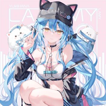 1girl ahoge animal_hat baseball_cap black_bow black_choker black_hat black_jacket blue_hair bow braid breasts cat_hat character_name choker cleavage comiket_107 commentary_request daifuku_(yukihana_lamy) double-parted_bangs elf fishnet_top fishnets hair_between_eyes hair_bow hand_up hat heart heart_ahoge highres hololive jacket large_breasts long_hair looking_at_viewer low_twintails navel off_shoulder official_alternate_costume official_alternate_hairstyle official_artist_extra pink_background pointy_ears rin_yuu side_braids sitting solo sports_bra text_background twintails v virtual_youtuber white_sports_bra yellow_eyes yukihana_lamy yukihana_lamy_(cyber) yukimin_(yukihana_lamy)
