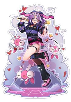 1girl acrylic_stand_(medium) animal_hood bandaid bandaid_on_face bandaid_on_nose black_leg_warmers black_shirt bone_hair_ornament breasts general_geega hair_ornament heart hen_squad_(henya_the_genius) henya_the_genius highres holding holding_microphone hood jared_(michi_mochievee) leg_warmers looking_at_viewer medium_breasts michi_mochievee michi_mochievee_(teen) microphone misakii_art multicolored_hair official_alternate_costume official_alternate_hairstyle official_art one_eye_closed open_mouth patchwork_skin purple_hair purple_shirt rabbit_hood sample_watermark shirt smile solo star_(symbol) star_hair_ornament streaked_hair striped_clothes striped_shirt thigh_strap virtual_youtuber vshojo watermark white_background white_hair