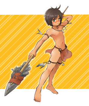 1boy border brown_hair holding holding_polearm holding_spear holding_weapon jewelry loincloth male_focus mog300n necklace original polearm shota solo spear tan weapon yellow_background