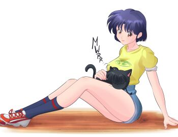 1boy 1girl absurdres animalization arm_support artist_name black_cat blue_hair blue_shorts blue_socks braid braided_ponytail breasts cat closed_eyes closed_mouth collarbone commentary english_commentary fingernails floor from_side hand_on_another&#039;s_back highres large_breasts legs long_legs looking_down orange_eyes outstretched_legs pink_lips purring ranma_1/2 saotome_ranma shirt shoes short_hair short_shorts short_sleeves shorts sideways_glance signature simple_background sitting sneakers socks tendou_akane the_dazu thighs white_background yellow_shirt