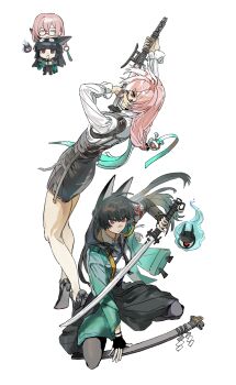 Rule 34 | 2girls, animal ear fluff, animal ears, black gloves, black skirt, blunt bangs, chibi, closed eyes, closed mouth, dress shirt, earrings, fingerless gloves, fox ears, fox girl, glasses, gloves, green jacket, hair between eyes, highres, holding, holding polearm, holding sword, holding weapon, hoshimi miyabi, jacket, jewelry, katana, looking at another, multiple girls, multiple views, naginata, open mouth, polearm, red eyes, ring hair ornament, serious, shirt, sidelocks, simple background, skirt, smile, sword, tailless (zenless zone zero), tsukishiro yanagi, weapon, white background, white shirt, xinjinjumin749449221609, yuri, zenless zone zero