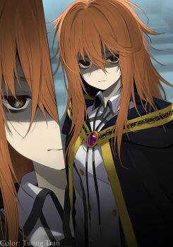 1girl black_cape breasts brown_eyes brown_hair cape chest_jewel closed_mouth colette_loire collar colorized dot_nose female_focus gem hood hooded_cape long_hair long_sleeves looking_at_viewer medium_breasts novel_illustration official_art purple_gemstone school_uniform shirt solo solo_focus tsue_to_tsurugi_no_wistoria white_shirt yuunagi_(seventh_heaven)