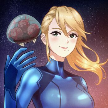 1girl alien aqua_eyes arm_at_side armpit_crease artist_request blonde_hair blue_bodysuit bodysuit breasts collarbone eyelashes female_focus floating floating_hair hair_between_eyes hand_up happy high_ponytail highres large_breasts lips long_hair looking_at_viewer metroid metroid_(creature) metroid_larva mole mole_under_mouth neck nintendo ponytail print_bodysuit samus_aran science_fiction sidelocks skin_tight smile star_(sky) starry_sky_background swept_bangs upper_body zero_suit