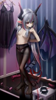 1girl absurdres black_dress black_pantyhose borrowed_character breasts dragon dragon_girl dragon_horns dragon_wings dress full_body grey_hair hdk_moon heterochromia highres horns indoors loli long_hair multicolored_hair original pantyhose pointy_ears red_eyes red_hair small_breasts solo western_dragon wings yellow_eyes