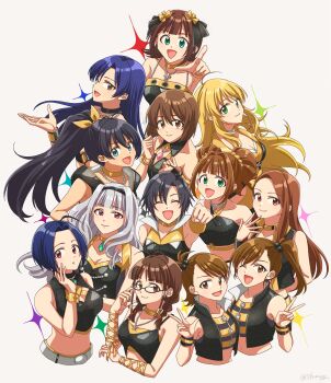 Rule 34 | 6+girls, ahoge, akizuki ritsuko, amami haruka, antenna hair, black hair, black hairband, blonde hair, blue eyes, blue hair, breasts, brown eyes, brown hair, choker, closed eyes, closed mouth, cool &amp; sexy (idolmaster), cross, cross necklace, futami ami, futami mami, ganaha hibiki, glasses, green eyes, grey hair, hagiwara yukiho, hairband, hand up, hashtag-only commentary, highres, hoshii miki, idolmaster, idolmaster (classic), idolmaster 1, jewelry, kikuchi makoto, kisaragi chihaya, long hair, looking at viewer, midriff, minase iori, miura azusa, multiple girls, necklace, night and day amcg (idolmaster), open mouth, pointing, ponytail, purple eyes, shijou takane, short hair, side ponytail, simple background, skrmyg, sleeveless, smile, takatsuki yayoi, twintails, twitter username, v, white background