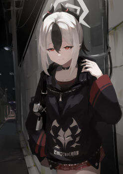 1girl absurdres artist_garam black_choker black_hair black_hoodie black_horns black_sky blue_archive choker closed_mouth commentary cowboy_shot demon_horns earclip english_text glint grey_halo gun h&amp;k_p30 hair_between_eyes halo hand_in_pocket handgun headphones headphones_around_neck highres holster holstered hood hoodie horns kayoko_(blue_archive) lamppost light_smile long_sleeves miniskirt multicolored_hair night outdoors ponytail power_lines print_hoodie red_eyes red_skirt road shoulder_holster skirt sky solo street two-tone_hair urban utility_pole weapon white_hair