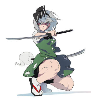 Rule 34 | 1girl, black shorts, closed mouth, commentary request, dual wielding, expressionless, full body, futoumeido, green skirt, green vest, hairband, holding, holding sword, holding weapon, konpaku youmu, legs, medium hair, red eyes, sandals, shirt, short sleeves, shorts, skirt, socks, solo, squatting, sword, thighs, touhou, vest, weapon, white background, white hair, white shirt, white socks