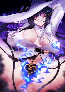 1girl absurdres alternate_breast_size_(larger) black_hair black_horns blonde_hair blue_fire blush bow breasts breasts_apart colored_extremities commentary constance_(honkai:_star_rail) covered_erect_nipples covering_crotch covering_privates demon_girl demon_horns demon_tail dress english_commentary english_text fire groin hat highres honkai:_star_rail honkai_(series) horns huge_breasts long_hair lying mamaprofennn mole mole_under_eye multicolored_hair no_bra no_panties on_back paid_reward_available pink_eyes presenting smile solo spread_legs tail two-tone_hair very_long_hair watermark white_bow white_dress white_hat wide_hips yellow_horns