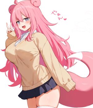 black_skirt breasts brown_sweater commentary_request gen_1_pokemon grey_eyes large_breasts long_hair long_sleeves marota miniskirt nintendo personification pink_hair pokemon school_uniform shirt simple_background skirt sleeves_past_wrists slowpoke sweater tail thighhighs white_background white_shirt white_thighhighs