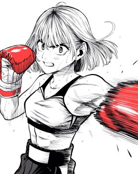 Rule 34 | 1girl, abs, boxing, boxing gloves, boxing shorts, breasts, commentary request, constricted pupils, flying sweatdrops, gloves, greyscale, hatching (texture), highres, lee (dragon garou), linea alba, monochrome, motion lines, mouth guard, original, punching, red gloves, serious, short hair, shorts, small breasts, solo, spot color, sweat, upper body, v-shaped eyebrows, very sweaty