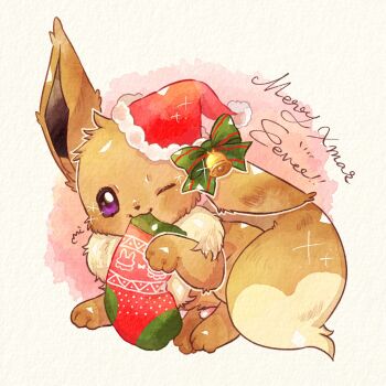 Rule 34 | :3, animal focus, bow, brown fur, character name, eevee, fluffy, full body, fur-trimmed headwear, fur trim, gen 1 pokemon, green bow, hashtag-only commentary, hat, highres, looking at viewer, merry christmas, miketoevecan, nintendo, no humans, one eye closed, pokemon, pokemon (creature), pokemon focus, purple eyes, red hat, santa hat, simple background, socks, solo, white background, yellow fur