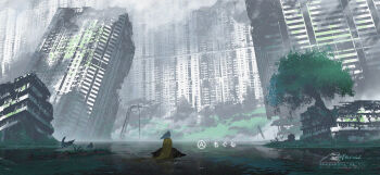 1girl animal animal_on_head artist_name asteroid_ill bird bird_on_head black_dress blonde_hair building commentary cornea_(asteroid_ill) dress fog grass highres long_hair on_head original overgrown partially_submerged rubble ruins skyscraper solo swimming tree user_interface very_long_hair wet wet_hair