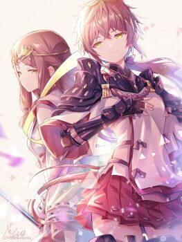 2girls armor breasts brown_hair fan_la_norne gloves hair_ribbon highres japanese_clothes long_hair lora_(xenoblade) multiple_girls pauldrons ponytail red_hair ribbon shoulder_armor simple_background skirt smile ui_frara xenoblade_chronicles_(series) xenoblade_chronicles_2 xenoblade_chronicles_2:_torna_-_the_golden_country yellow_eyes