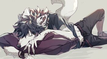 1boy black_hair black_shirt body_fur claws closed_eyes commentary ear_piercing foot_out_of_frame fuji_166 furry furry_male grey_background jewelry knee_up lying male_focus midriff on_side original piercing pillow ring shirt short_hair simple_background sleeping solo symbol-only_commentary tail white_fur wolf_boy