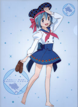 Rule 34 | 1girl, absurdres, arm over head, barefoot, blue background, blue eyes, blue hair, blue skirt, brown shoes, hand on own forehead, hat, hat ribbon, highres, holding, holding shoes, holding unworn clothes, incredibly absurdres, mahou shoujo madoka magica, miki sayaka, necktie, non-web source, official art, red necktie, ribbon, scan, self-scan, shirt, shoes, skirt, smile, unworn shoes, white shirt