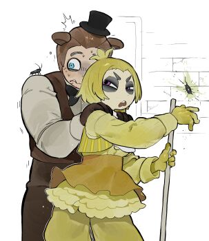 absurdres ahoge animal_ears blue_eyes bnm6517 bow bowtie brick_wall broom bug chica cockroach death dress five_nights_at_freddy's freckles freddy_fazbear frilled_dress frills gloves hat highres holding insect long_sleeves looking_at_another napkin puffy_pants purple_hair short_hair skirt sliding_doors striped_clothes surprised sweatdrop thick_eyebrows top_hat vest