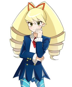 1girl blonde_hair blue_dress blue_pantyhose bow buttersea dress drill_hair green_eyes hair_bow highres long_hair luna_platz_(mega_man) mega_man_(series) mega_man_star_force_(series) pantyhose red_bow simple_background smile striped_clothes striped_pantyhose twin_drills very_long_hair white_background
