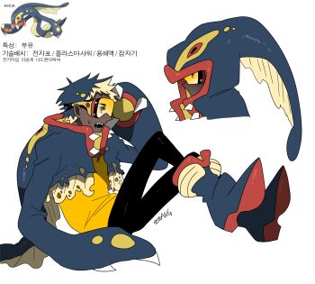 1boy :o black_pants blonde_hair blue_hair boots commentary_request dark-skinned_male dark_skin eelektross gen_5_pokemon goggles highres long_sleeves multicolored_hair nintendo pants personification pokemon reference_inset sharp_teeth shirt sitting teeth two-tone_hair vest yellow_shirt zzang