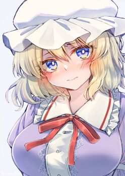 1girl blonde_hair blue_eyes blush buttons collar commentary_request frilled_collar frilled_shirt_collar frills hat head_tilt highres kinese_(katasutorohu) light_smile looking_at_viewer maribel_hearn medium_hair mob_cap neck_ribbon purple_shirt red_ribbon ribbon shirt solo touhou twitter_username upper_body white_background white_hat