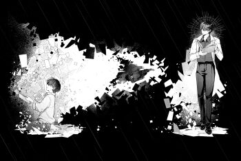 3boys black_hair book coat collared_shirt commentary_request disintegration dual_persona faceless facing_another falling_paper greyscale head_tilt highres holding holding_book kim_dokja male_focus mini_person miniboy monochrome multiple_boys omniscient_reader&#039;s_viewpoint open_book open_clothes open_coat outstretched_arms rain sanjinmogufufu seiza shirt short_hair sitting walking yoo_joonghyuk