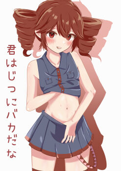 1girl absurdres belly blush breasts brown_hair clothes_pull collarbone commentary_request drill_hair grey_skirt hair_between_eyes hand_under_clothes highres kasane_teto looking_at_viewer midriff nagekiandnageki navel open_mouth pulling_own_clothes red_eyes shadow simple_background skirt skirt_pull small_breasts solo translation_request twin_drills utau