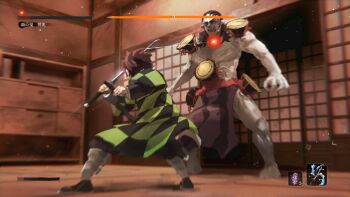 2boys architecture brown_hair commentary_request drum east_asian_architecture gameplay_mechanics health_bar holding holding_sword holding_weapon indoors instrument kamado_tanjirou katana kimetsu_no_yaiba kougai_(koihime_musou) multiple_boys partial_commentary samidare_(hoshi) sandals sekiro:_shadows_die_twice shouji sliding_doors sword translation_request user_interface weapon