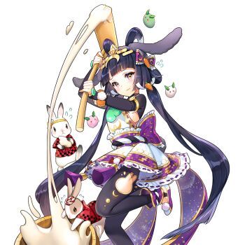 Rule 34 | 1girl, animal ears, black hair, black pantyhose, blunt bangs, boots, bow, breasts, clothing cutout, cocoon (loveririn), frilled bow, frills, from side, hair bow, hair rings, himiko (uchihime), holding, japanese clothes, kine, long hair, low twintails, mallet, mortar (bowl), pantyhose, purple bow, purple eyes, rabbit, rabbit cutout, rabbit ears, small breasts, symbol in eye, thigh cutout, twintails, uchi no hime-sama ga ichiban kawaii, very long hair