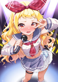 1girl absurdres anchor_symbol azur_lane blonde_hair blue_skirt blurry blurry_background blush breasts collar commission detached_sleeves fang frilled_collar frilled_skirt frills glowstick hair_ornament hair_ribbon highres holding holding_microphone idol idol_clothes jenkins_(azur_lane) long_hair looking_at_viewer marimo_daifuku microphone miniskirt navel neckerchief open_mouth red_eyes red_neckerchief ribbon sailor_collar skeb_commission skirt small_breasts solo stage standing star_(symbol) thigh_strap v very_long_hair wavy_hair white_sleeves