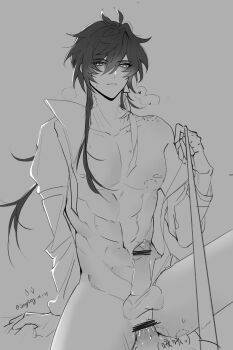 1other absurdres alternate_hairstyle bed_sheet bite_mark bite_mark_on_shoulder bite_marks blush cowgirl_position genshin_impact greyscale hickey hickey_marks highres holding holding_leash leash long_hair monochrome open_clothes open_shirt pov sex sheet_grab sitting sitting_on_person sitting_sex straddling u6708u4eaeu4f60u56f0u4e0du56f0u554a viewer_on_leash white_background yaoi zhongli_(genshin_impact)