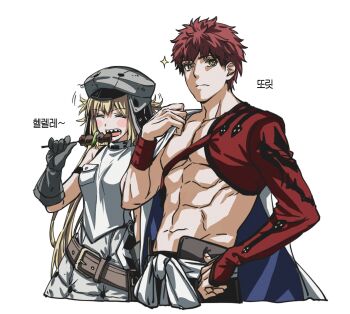 Rule 34 | 1boy, 1girl, abs, artoria caster (fate), artoria caster (first ascension) (fate), artoria pendragon (fate), black gloves, blonde hair, breasts, cape, commentary request, detached sleeves, emiya shirou, expressive hair, fate/grand order, fate (series), food, gloves, grey hat, gyogyo hjj, hair flaps, hat, highres, hip bones, holding, holding food, korean commentary, korean text, long hair, lowleg, lowleg panties, medium breasts, panties, penis, red hair, senji muramasa (fate), shish kebab, single detached sleeve, toned, toned male, translation request, two-sided cape, two-sided fabric, underwear, very long hair, white cape, wristband, yellow eyes