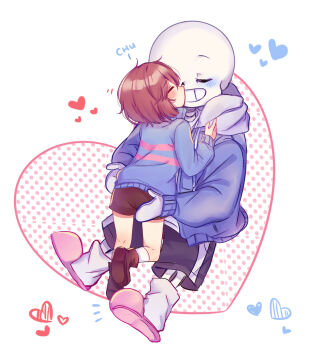 1boy 1other :d ^_^ age_difference ankle_boots black_shorts blue_jacket blue_sweater blush bob_cut boots brown_boots brown_hair brown_shorts child closed_eyes commentary drawstring face-to-face facing_another frisk_(undertale) from_behind full_body gloves grin hand_up heart heart_background highres hood hood_down hooded_jacket interspecies jacket kiss kneehighs long_sleeves loose_socks nakamira open_clothes open_jacket open_mouth other_with_male pink_slippers pink_sweater polka_dot polka_dot_background profile puffy_long_sleeves puffy_sleeves sans_(undertale) shirt short_hair short_shorts shorts simple_background single_vertical_stripe skeleton slippers smile socks standing standing_on_one_leg striped_clothes striped_sweater sweater turtleneck turtleneck_sweater two-tone_sweater u_u undertale utdr_(toby_fox) white_background white_gloves white_hood white_shirt white_socks