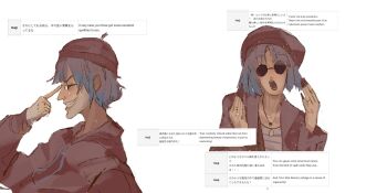 Rule 34 | 2others, adapted costume, adjusting eyewear, androgynous, beret, bespectacled, black-framed eyewear, blazer, blue hair, blunt bangs, brown hat, brown hoodie, brown jacket, closed eyes, from behind, glasses, gold ring, grin, hat, hatsburg, highres, hood, hood down, hoodie, jacket, jewelry, len'en, lipstick, long sleeves, makeup, multiple others, multiple persona, multiple rings, opaque glasses, open clothes, open jacket, open mouth, other focus, parted bangs, pendant, pink lips, pink shirt, puffy long sleeves, puffy sleeves, realistic, ring, round eyewear, screenshot inset, senri haiji, shirt, short hair, simple background, smile, smug, striped clothes, striped shirt, sunglasses, v-shaped eyebrows, white background