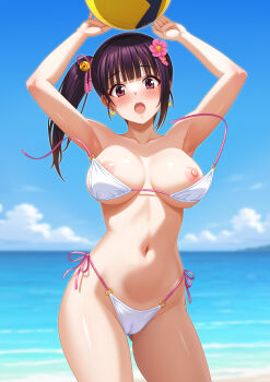 1girl :o absurdres arms_up ball beachball bikini black_hair blurry blurry_background blush breast_slip breasts commentary_request cygnus_(cygnus7) dead_or_alive dead_or_alive_xtreme dead_or_alive_xtreme_venus_vacation flower groin hair_flower hair_ornament highres holding holding_ball holding_beachball koharu_(doa) large_breasts looking_at_viewer navel nipples open_mouth short_hair side-tie_bikini_bottom side_ponytail sideboob solo standing stomach swimsuit wardrobe_malfunction white_bikini