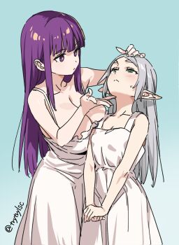 2girls blush breasts cleavage collarbone dress fern_(sousou_no_frieren) frieren green_eyes hand_on_another&#039;s_head highres large_breasts long_hair meme multiple_girls pointy_ears purple_eyes purple_hair sousou_no_frieren sweatdrop try_(lsc) twitter_username upward_angle_frieren_drawing_(meme) white_dress white_hair