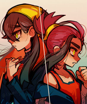 Rule 34 | 1boy, 1girl, absurdres, black hair, blue gakuran, blueberry academy school uniform, brother and sister, carmine (pokemon), colored inner hair, crossed bangs, from side, furrowed brow, gloves, hairband, hand up, highres, jacket, jacket partially removed, kieran (pokemon), loose hair strand, mole, mole on neck, mole under eye, multicolored hair, nintendo, off shoulder, own hands together, pokemon, pokemon sv, ponytail, purple hair, red gloves, red tank top, school uniform, shaded face, siblings, single glove, tank top, thick eyebrows, tisanntisyou, two-tone hair, white background, wind, wind lift, yellow eyes, yellow hairband