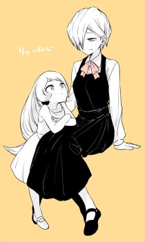 Rule 34 | 10s, 2girls, age regression, aged down, blush, boku no hero academia, dress, eye contact, hado nejire, hair over one eye, long dress, long hair, looking at another, looking down, looking up, maneki-neko (fujifuji), mary janes, monochrome, multiple girls, orange background, pink neckwear, pink theme, ryuukyuu, shoes, short hair, simple background, smile, spot color, tatsuma ryuuko, yellow background