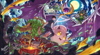 1boy black_hair blush blush_stickers bright_pupils claws closed_mouth cloud club club_(weapon) colored_sclera commentary commission debris english_commentary fangs fire full_moon gen_5_pokemon gen_7_pokemon gen_8_pokemon grass green_eyes hand_in_pocket highres holding holding_club holding_mask holding_poke_ball holding_weapon incineroar legendary_pokemon looking_back lunala mask master_ball mochachiiino moon muscular night nintendo ogerpon ogerpon_(cornerstone_mask) open_mouth orange_eyes outdoors pants pixiv_commission poke_ball pokemon pokemon_(creature) rillaboom scream_tail sharp_teeth shirt shoes short_hair short_sleeves signature skin_fangs sky smile spiked_club standing star-shaped_pupils star_(sky) star_(symbol) symbol-shaped_pupils teeth tornadus tornadus_(incarnate) very_short_hair watermark weapon white_pupils yellow_eyes yellow_sclera