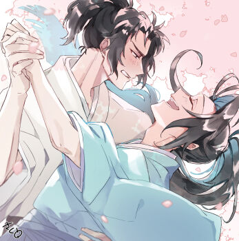 Rule 34 | 2boys, 39 app1e, antenna hair, blush, closed eyes, dancing, falling petals, fate/grand order, fate (series), highres, hijikata toshizou (fate), japanese clothes, kimono, kondou isami (fate), long hair, male focus, multiple boys, open mouth, outdoors, petals, ponytail, profile, smile, upper body, yaoi