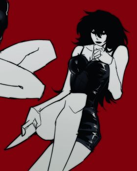 1girl black_dress black_eyes black_hair black_lips breasts cleavage creepypasta dress empty_eyes feet_out_of_frame highres holding holding_knife jane_the_killer knee_up knife messy_hair nekrottt out_of_frame screencap smirk solo spaghetti_strap