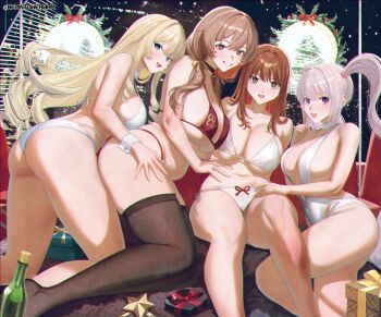 5girls absurdres alice_(nikke) bikini black_choker black_thighhighs blonde_hair blue_eyes bottle bready_(nikke) breasts brown_hair choker cleavage commentary crown_(nikke) emma_(nikke) english_commentary goddess_of_victory:_nikke highres japanese_clothes kevin_tower kimono large_breasts looking_at_viewer multiple_girls one-piece_swimsuit pink_hair purple_eyes red_bikini smile swimsuit thighhighs white_kimono white_one-piece_swimsuit wine_bottle