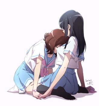 Rule 34 | 2girls, artist name, black hair, black socks, blue sailor collar, blue skirt, breasts, brown hair, commentary request, grey background, hibike! euphonium, highres, interlocked fingers, kousaka reina, long hair, medium breasts, multiple girls, neckerchief, nii manabu, oumae kumiko, pink neckerchief, sailor collar, school uniform, serafuku, short sleeves, signature, simple background, sitting, skirt, socks, wariza, watch, yuri