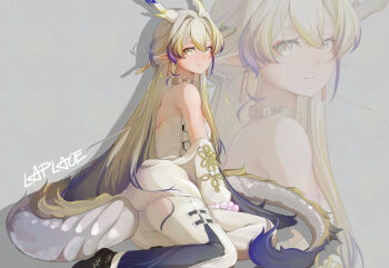 Rule 34 | 1girl, adversarial noise, arknights, artist name, bare shoulders, beads, blonde hair, closed mouth, clothes down, commentary, dragon girl, dragon horns, dragon tail, drop shadow, earrings, english commentary, eyeliner, green eyes, grey background, grey hair, grey jacket, grey tube top, hair between eyes, hair intakes, highres, horns, jacket, jewelry, laplace arts, long hair, looking at viewer, makeup, multicolored hair, necklace, off shoulder, orange eyeliner, pointy ears, purple hair, shu (arknights), signature, smile, solo, strapless, tail, tube top, very long hair, zoom layer