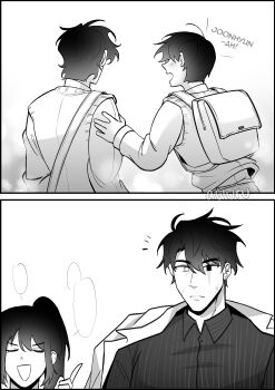 1girl 3boys absurdres areuwuu backpack bag blank_speech_bubble greyscale hand_on_another&#039;s_shoulder heterochromia high_ponytail highres jacket jacket_on_shoulders kim_dokja lee_jihye male_focus monochrome multiple_boys notice_lines oldest_dream omniscient_reader&#039;s_viewpoint original ponytail scar scar_across_eye scar_on_face secretive_plotter shirt short_hair shoulder_bag sidelocks speech_bubble striped_clothes striped_shirt t-shirt talking upper_body vest yaoi yoo_joonghyuk